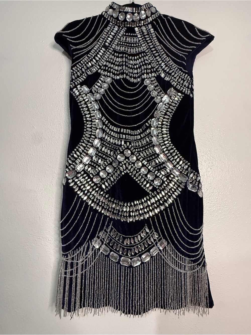 ASOS Flapper Style Navy Blue Velvet Beaded Fringe Mini Dress. Sz 6. NWOT.